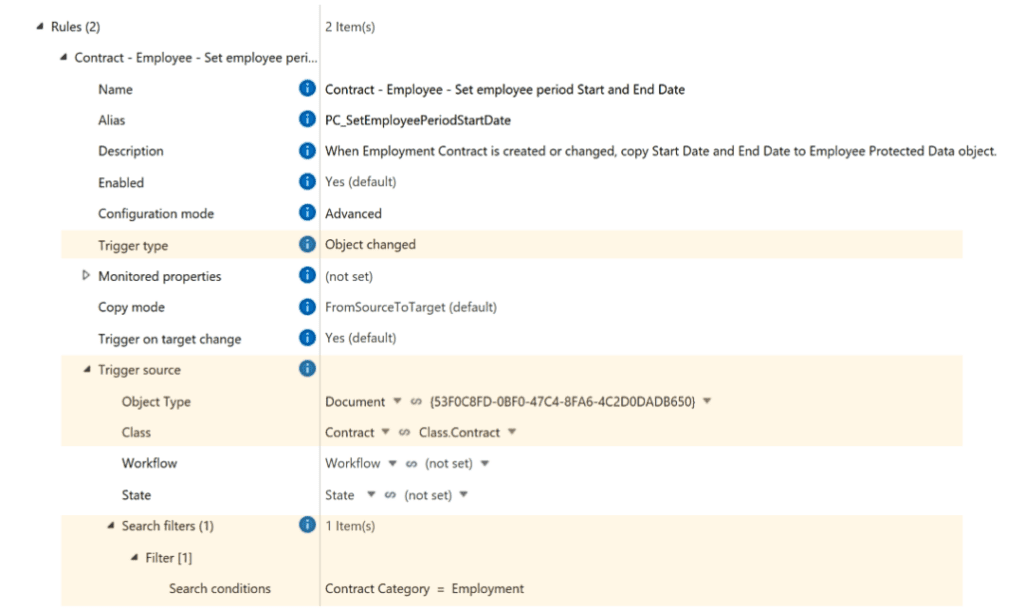 Define the trigger type and trigger source for copying property values.